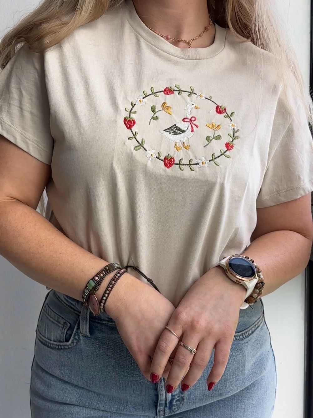 NWT 100% Cotton Beige Embroidered Goose Strawberry Women’s Boxy Fit Tee